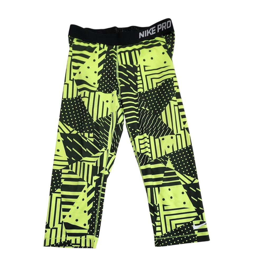 Nike Pro Women L Neon Yellow Geometric Print Capri Athletic Leggings Streetwear
